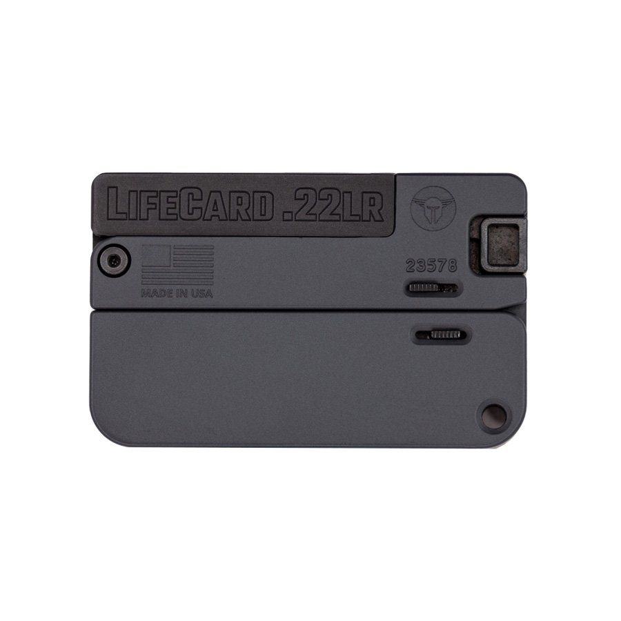 LifeCard .22LR folding pistol, compact firearm design.