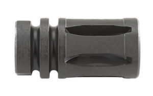 Rifle muzzle brake with slots and grooves.