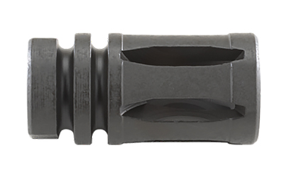 Rifle muzzle brake with slots and grooves.