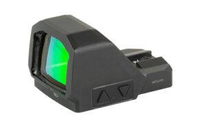 Black holographic weapon sight with green lens.