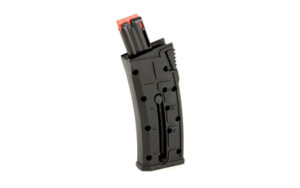 Black plastic firearm magazine on white background.