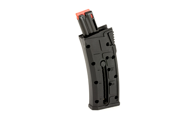 Black plastic firearm magazine on white background.