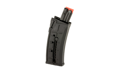 Black airsoft gun magazine with red tip