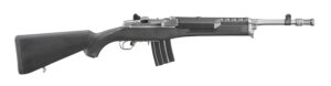 Semi-automatic rifle with black stock and metal barrel.