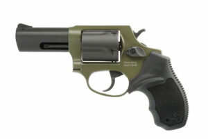 Green and black revolver, side view, isolated.