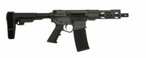 Black tactical rifle isolated on white background.
