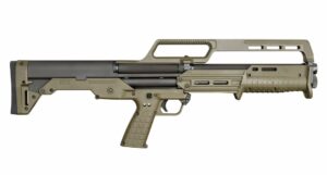 Olive drab bullpup 12-gauge shotgun on white