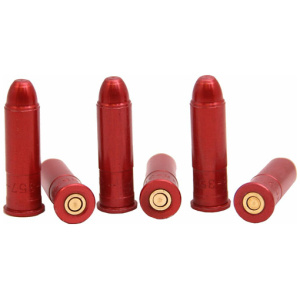 Five red dummy cartridges stand upright in line.