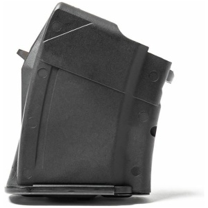 Black firearm magazine on white background