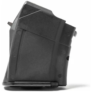 Black firearm magazine on white background