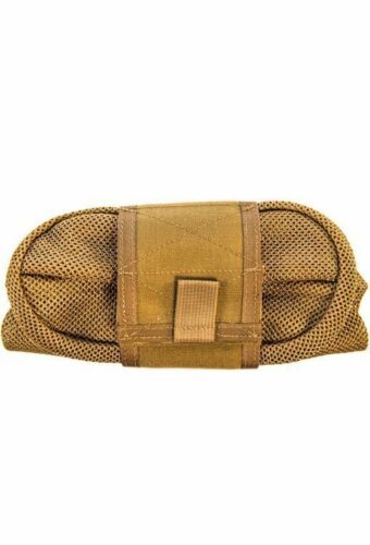 Brown mesh pouch with strap closure.