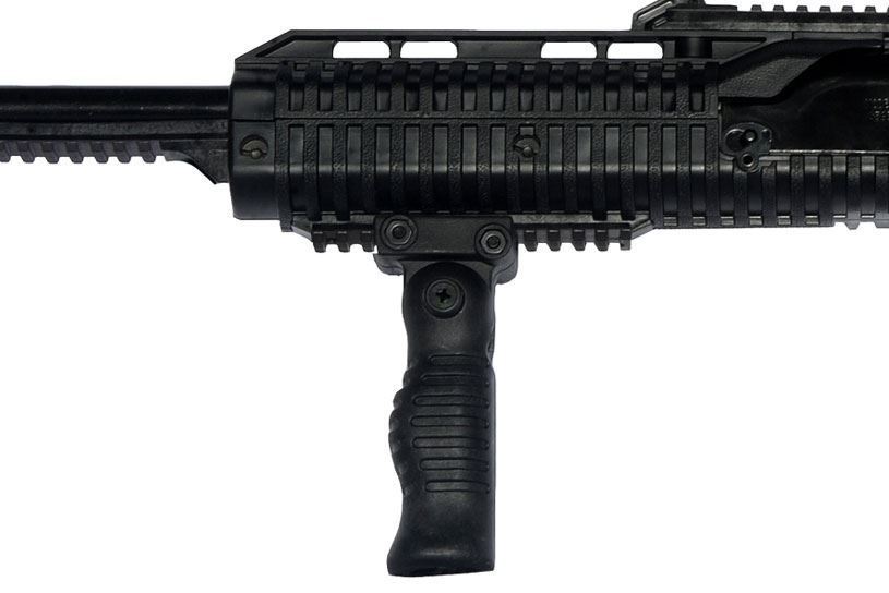 Close-up of rifle with vertical foregrip attachment