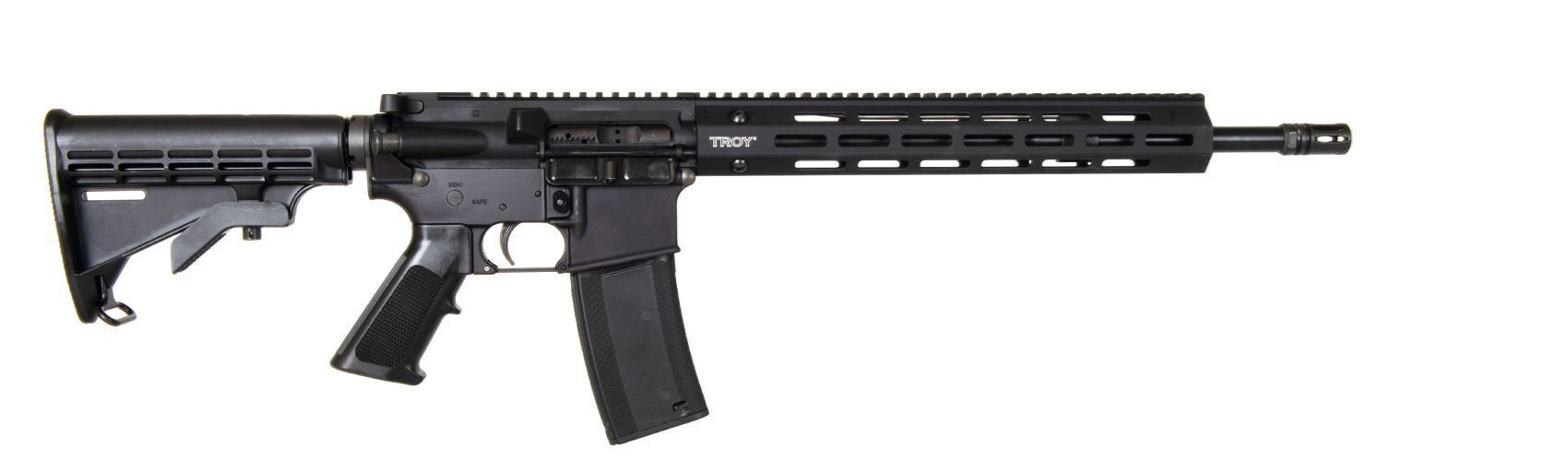 Black AR-15 style semi-automatic rifle