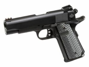 Black semi-automatic handgun on white background