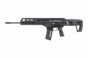 Modern black semi-automatic rifle on white background
