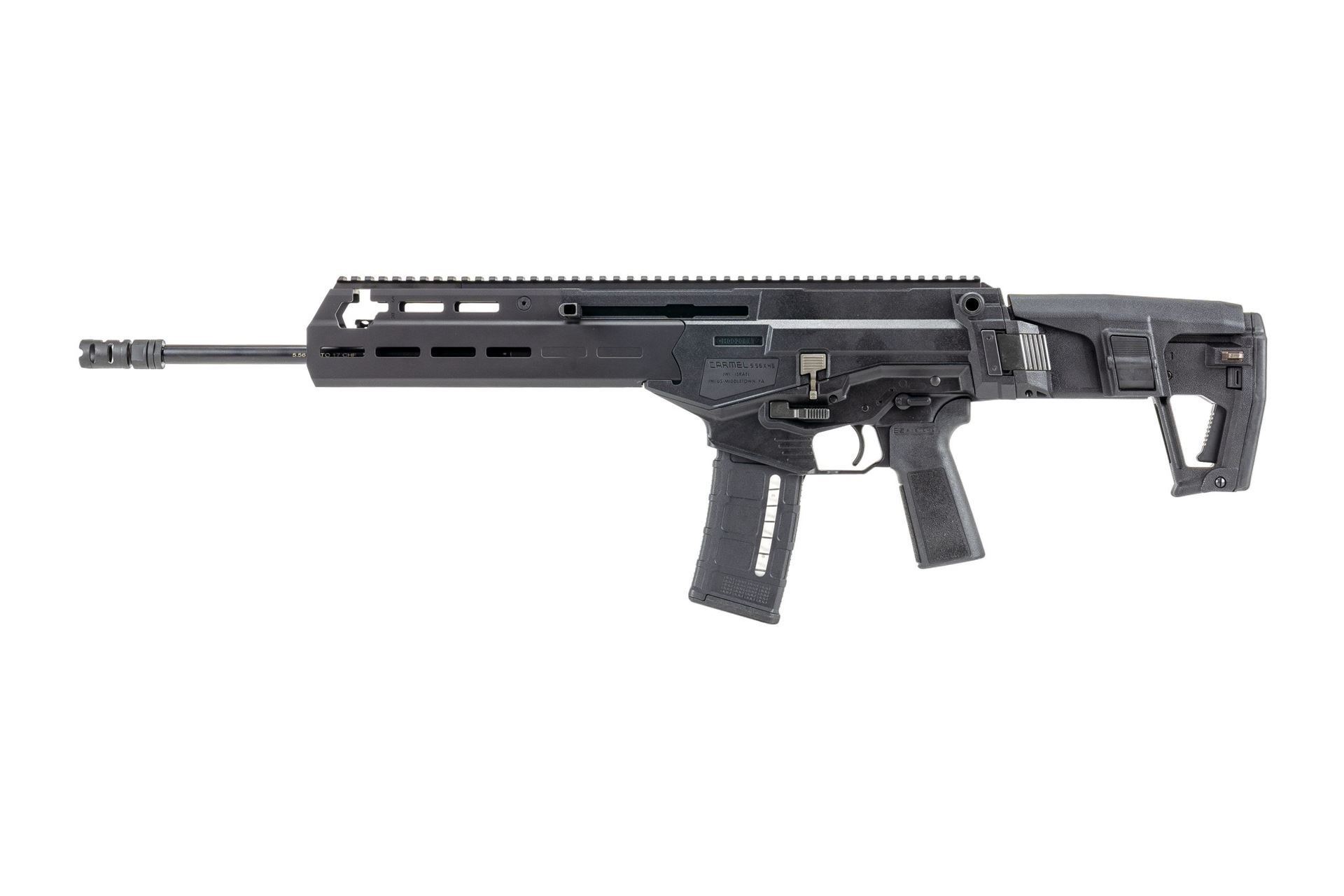 Modern black semi-automatic rifle on white background