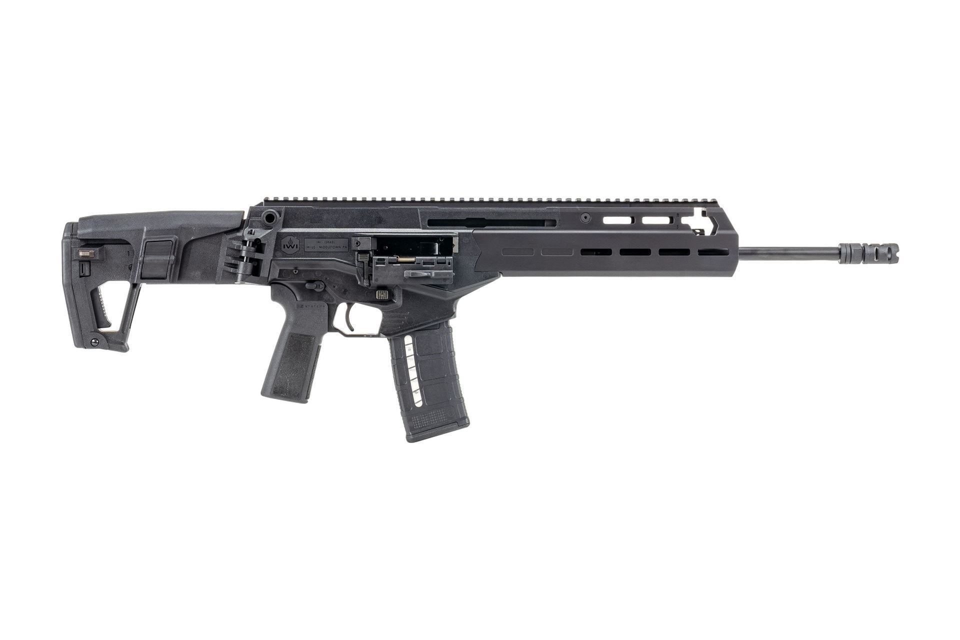Modern black semi-automatic rifle on white background