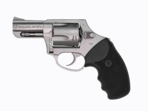 Stainless steel .44 Special revolver with black grip