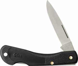 Black folding pocket knife with open blade.