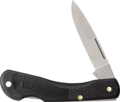 Black folding pocket knife with open blade.