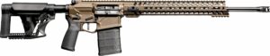 Tactical rifle with tan finish and black stock.