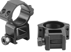 Black scope mounts with screws and bolts.