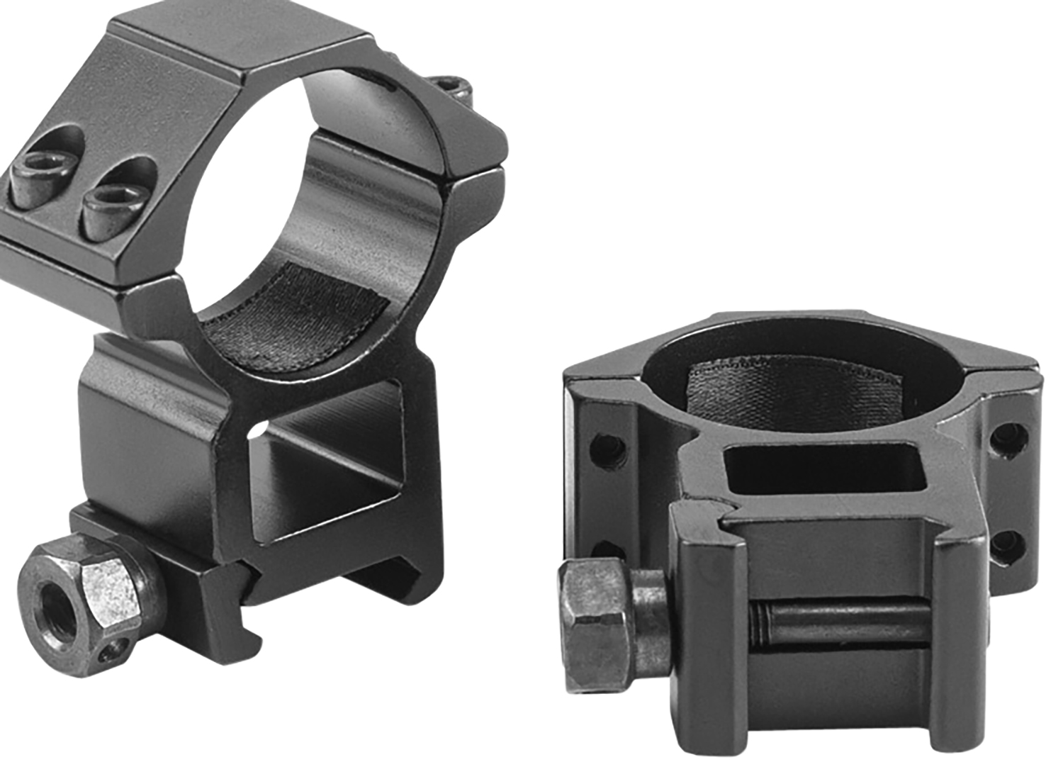 Black scope mounts with screws and bolts.