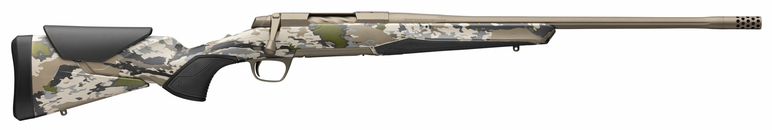 Camouflage bolt-action rifle on white background