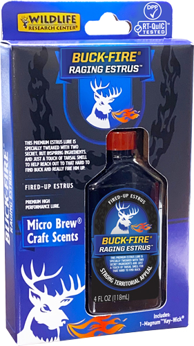 Buck-Fire Raging Estrus deer scent bottle packaging