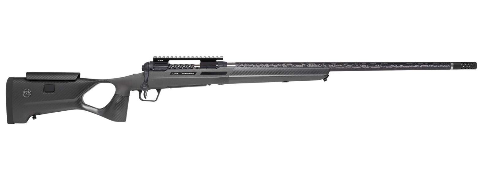 Modern bolt-action rifle on white background
