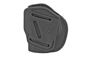 Black leather molded handgun holster with stitching
