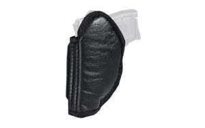 Black leather ankle holster with white strap