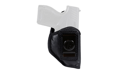 Black leather gun holster with belt clip.