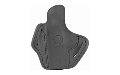Black leather handgun holster with stitched detailing