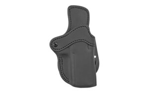 Black leather handgun holster on white background