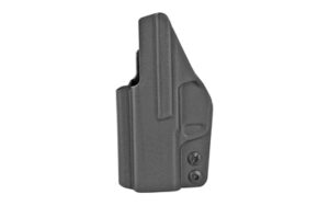 Black molded handgun holster on white background