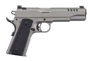 Silver 1911-style semi-automatic handgun on white background