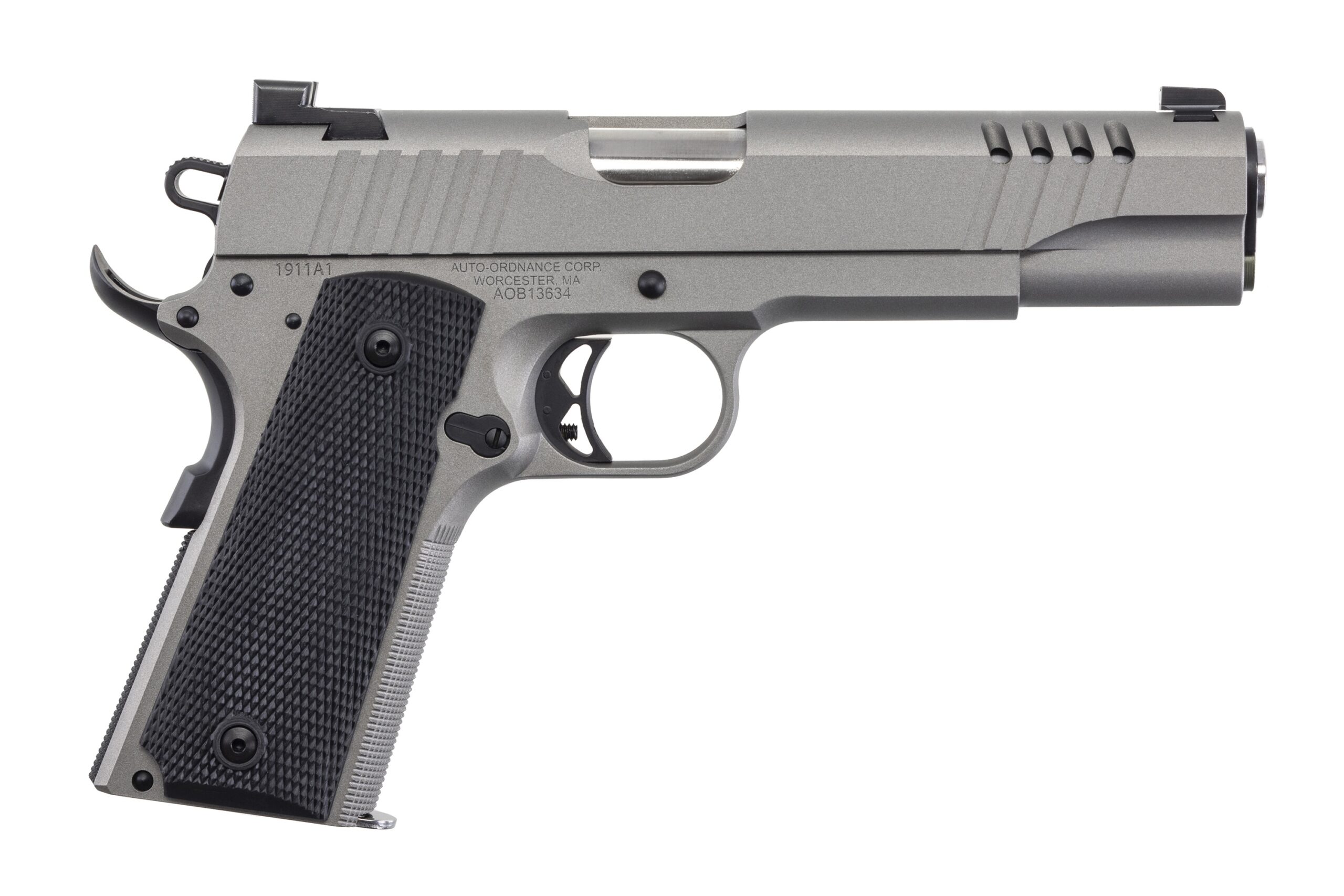 Silver 1911-style semi-automatic handgun on white background