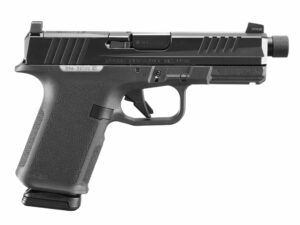 Black semi-automatic handgun on white background.