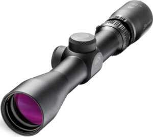 Black rifle scope with purple objective lens