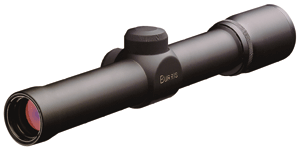 Black rifle scope with red-tinted objective lens