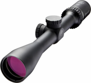 Black rifle scope with purple-tinted objective lens
