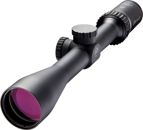 Black rifle scope with purple-tinted objective lens
