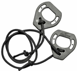 Black corded plastic ski equipment accessories.