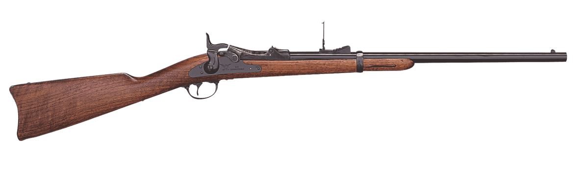 Antique wood and metal rifle side view.