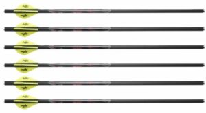 Six yellow-fletched archery arrows aligned horizontally.