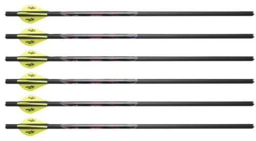 Six yellow-fletched archery arrows aligned horizontally.