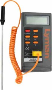 Digital thermometer with probe and orange cable.