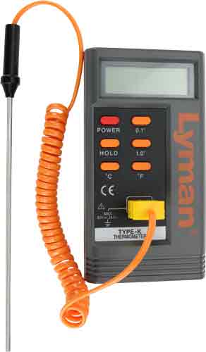 Digital thermometer with probe and orange cable.