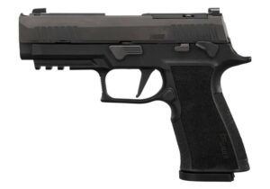 Black handgun pistol on white background.